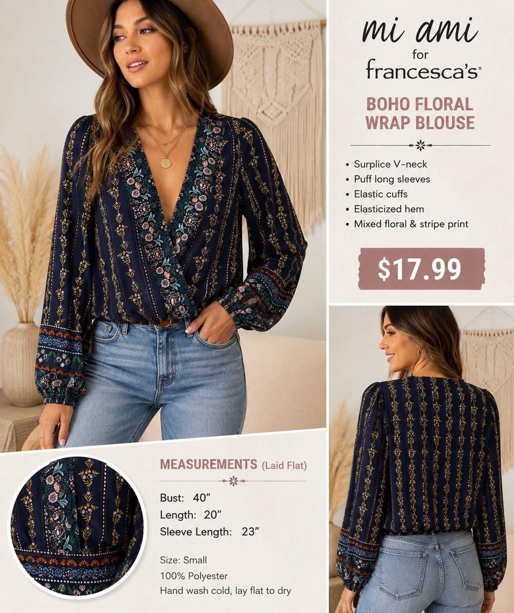 Mi Ami Francesca’s Blouse Small Floral Stripe Wrap Front Boho Puff Sleeve Top